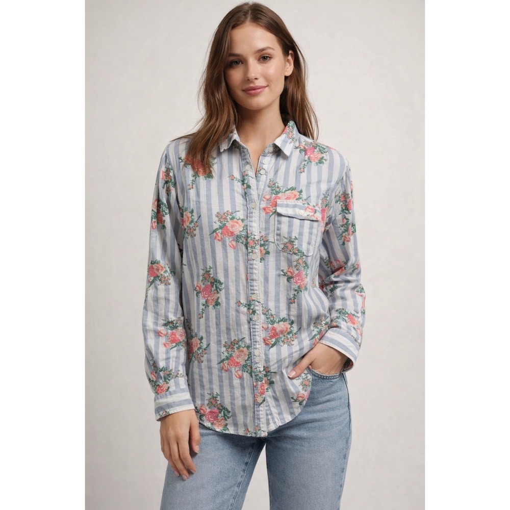 BDG Urban Outfitters Floral Striped Button Down Shirt Womens Large Blue Pink‎ L